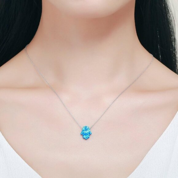 Hamsa Hand Pendant Necklace Sterling Silver Created Fire Opal Adjustable Cable B - Picture 4 of 5